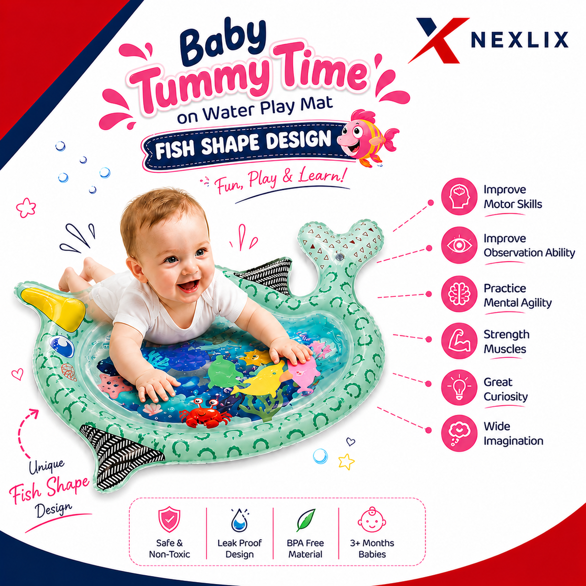 Inflatable Baby Water Mat | Fish Shape | Free Air Pump