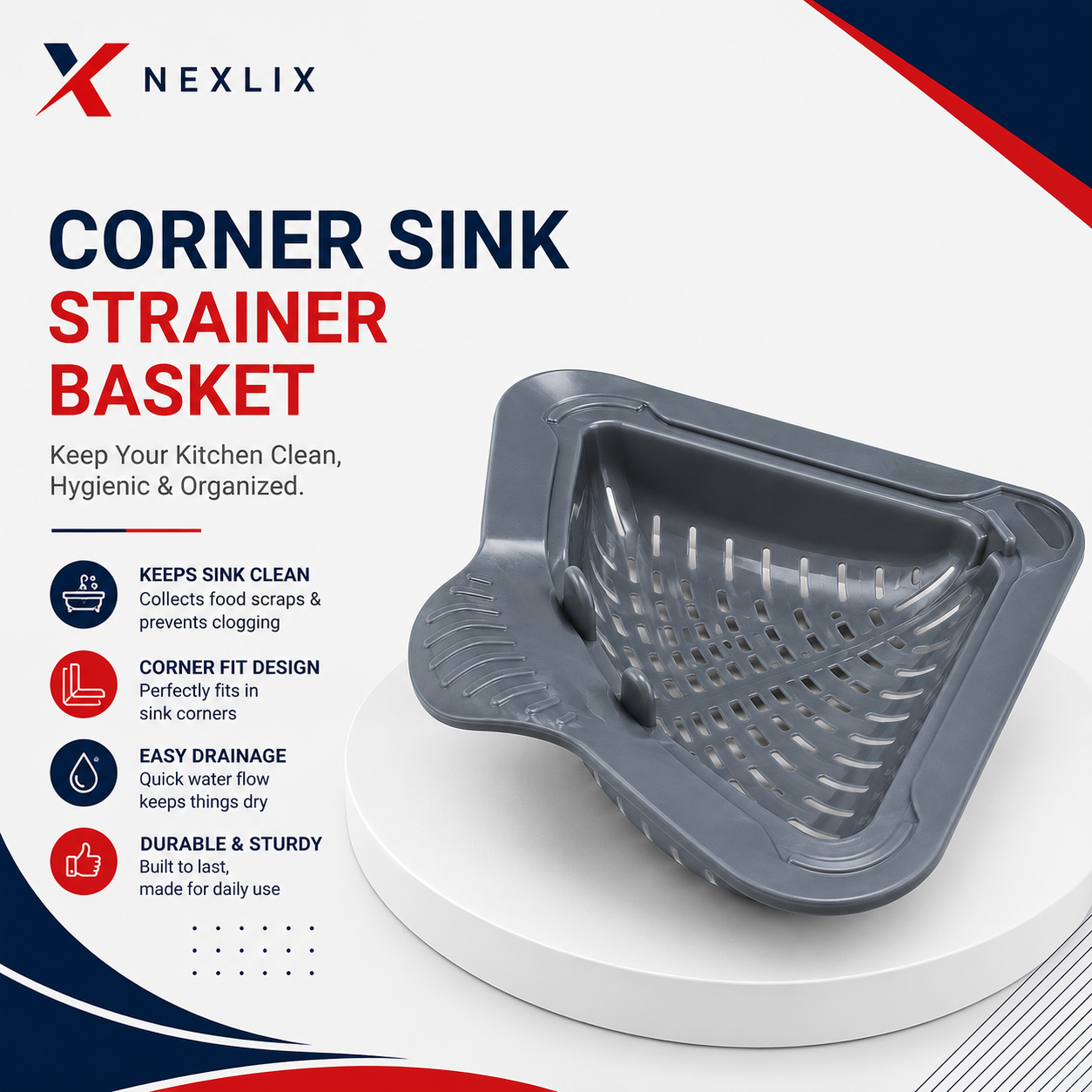 Magnetic Drainage & Filter Basket | Triangular Kitchen Sink Strainer | Punch-Free Installation